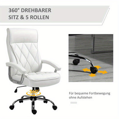 Bureaustoel – Ergonomische Stoel – Kantoormeubilair – Bureaustoel Met Wielen – Draaistoel – Verstelbare Zithoogte – Kantelfunctie – Witte Kunstleren Bekleding – Stevige Vijfwielbasis