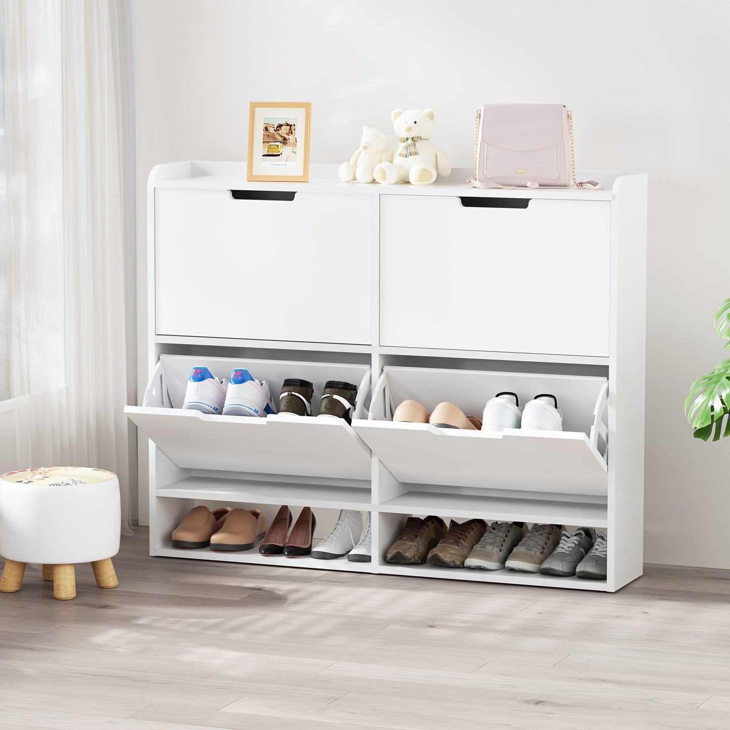 Schoenenkast – Schoenenopberger – Schoenenrek – Halmeubel – Schoenenkast Wit – 4 Lades – Flip-Top Ontwerp – MDF & Metaal – Ruimtebesparend – 16-24 Paar