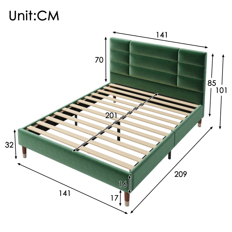 Double Bed with Slatted Frame - Dark Green Upholstered Headboard, Sturdy No-Assembly Bed Frame, Heavy-Duty Construction for Adults & Teens - Mattress Not Included - Ideal for Modern, Headboard Cover For Bed Padded, Headboard