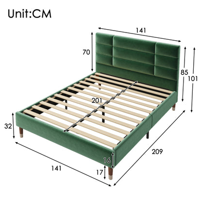 Double Bed with Slatted Frame - Dark Green Upholstered Headboard, Sturdy No-Assembly Bed Frame, Heavy-Duty Construction for Adults & Teens - Mattress Not Included - Ideal for Modern, Headboard Cover For Bed Padded, Headboard