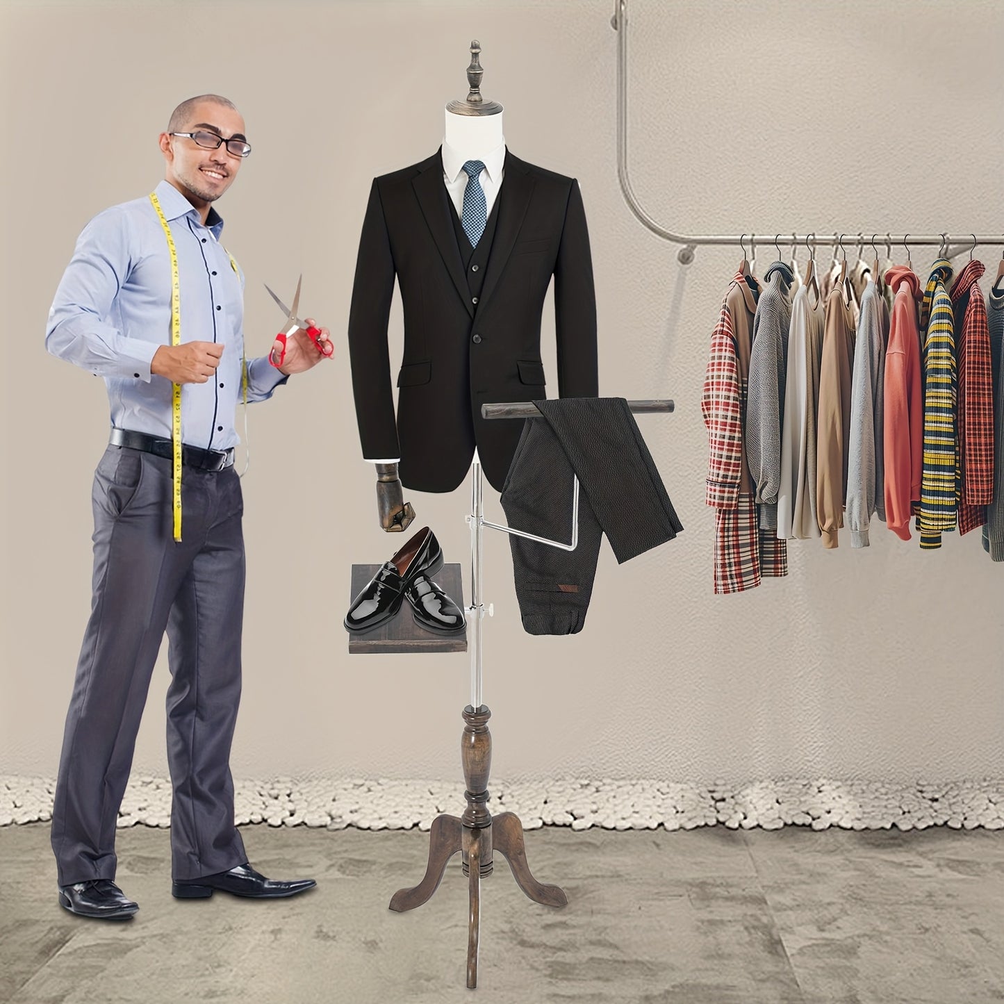 Mannenpaspop – Mannequin – Paspop – Etalagepop – Kleermakerspop – Verstelbare Hoogte 150-180 cm – Wit Kunststof Linnen
