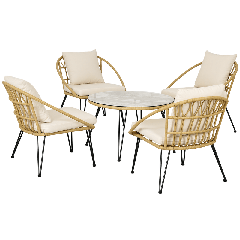 5-Teilige Gartensitzgruppe, Boho-Stil, 1 Esstisch &Amp; 4 Stühle, Auflagen, Polyrattan, Beige/Natur, Moderne Küchenmöbel, Schneller Aufbau, Platzsparend, Esstisch Im Landhausstil Geeignet Für Wohnzimmer, Esszimmer, Küche