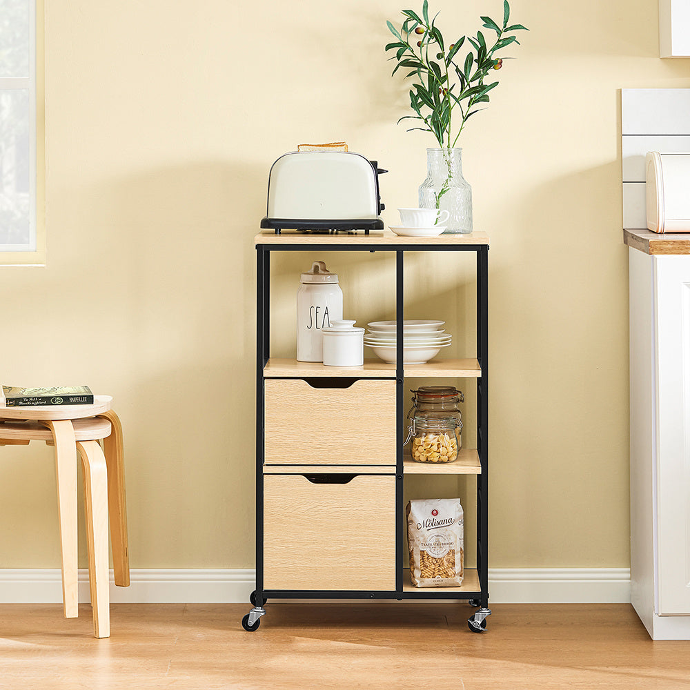 Serveerwagen – Keukenwagen – Serveerwagen Met Wielen – Trolley – Bijzettafel – Industrieel Design – 2 Lades En 3 Open Planken – Compact 89x53x37 Cm