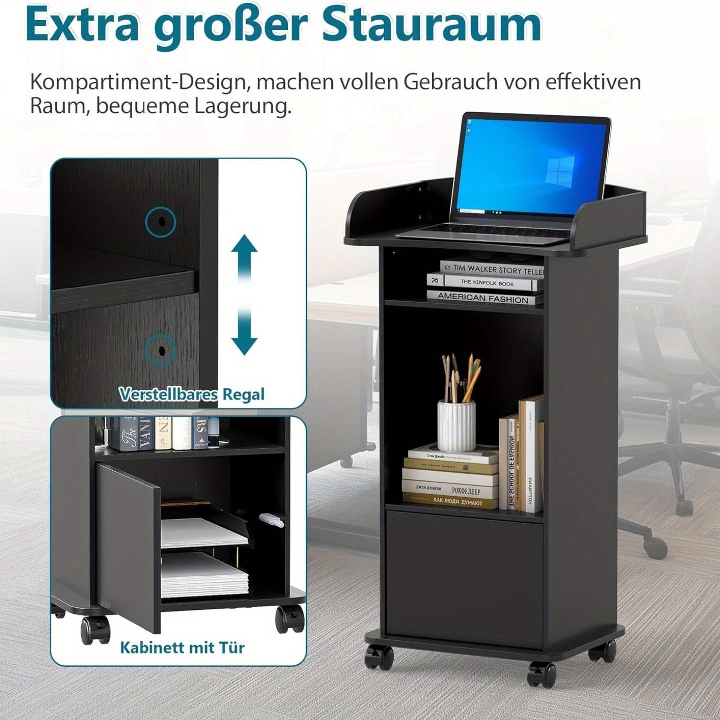 Step Podium Stand with Drawer Mobile Speaker Stand with Wheels Wooden Podium Black Lecterns with Storage Rack