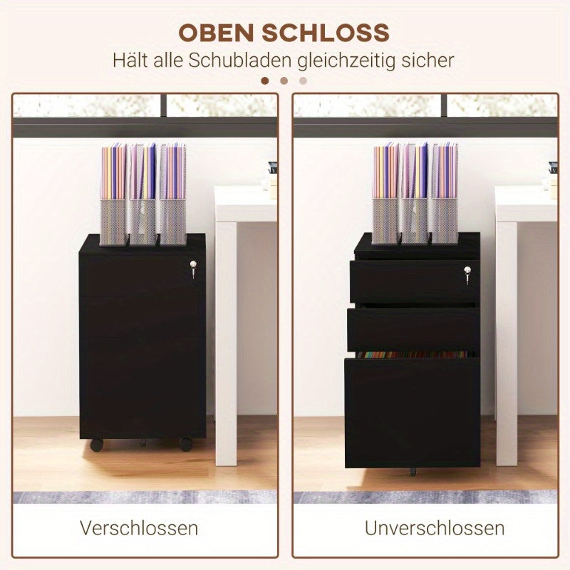 Ladekast – Ladenkast – Opbergkast – Filing Cabinet – Archiefkast – Met Slot en Wieltjes – Stalen Verrijdbare Ladekast 37L 37x43,5x60 cm Zwart