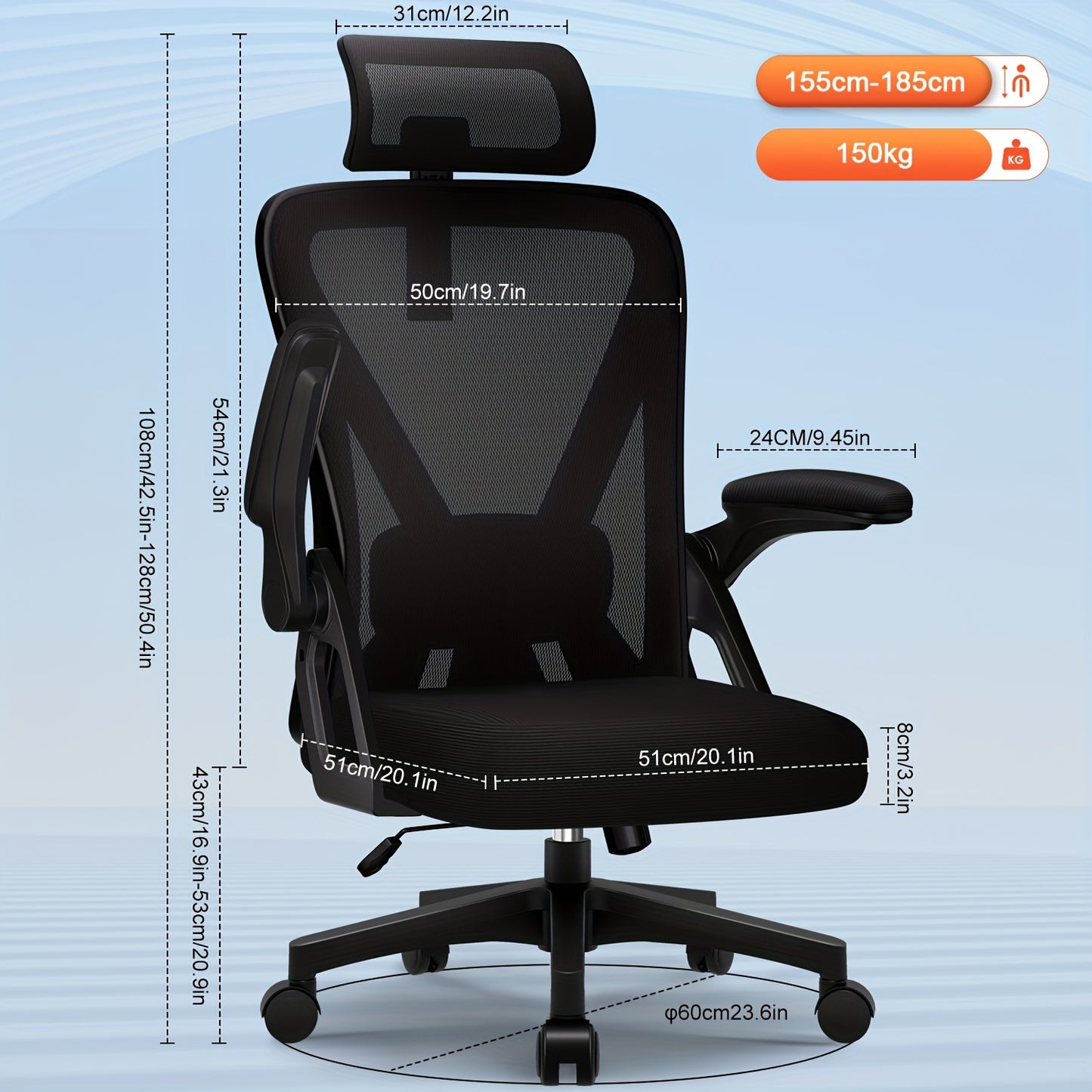 Office Chair, Ergonomic Office Chair With Adjustable Backrest And Folding Armrests, Executive Chair 150 Kg, Ergonomic Chair Rocking Function Up To 135°, For Bedrooms And Offices