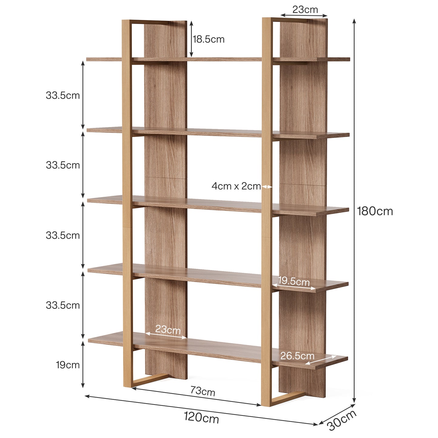 Boekenkast – Boekenplank – Opbergkast – Vakkenkast – Roomdivider – Retro Bruin – 5 Laags – MDF Metalen Frame – Stevig & Ruim