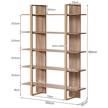 Boekenkast – Boekenplank – Opbergkast – Vakkenkast – Roomdivider – Retro Bruin – 5 Laags – MDF Metalen Frame – Stevig & Ruim
