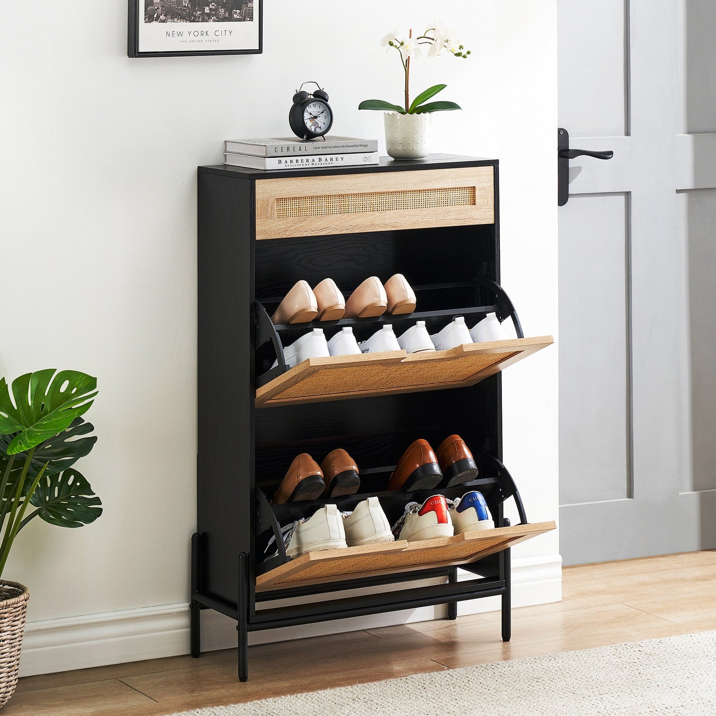 Schoenenkast – Schoenenrek – Schoenenopberger – Halmeubel – Schoenenbank – Natuurlijk Rattan – Opbergruimte voor 12 Paar Schoenen – Anti-Kantel Metalen Frame