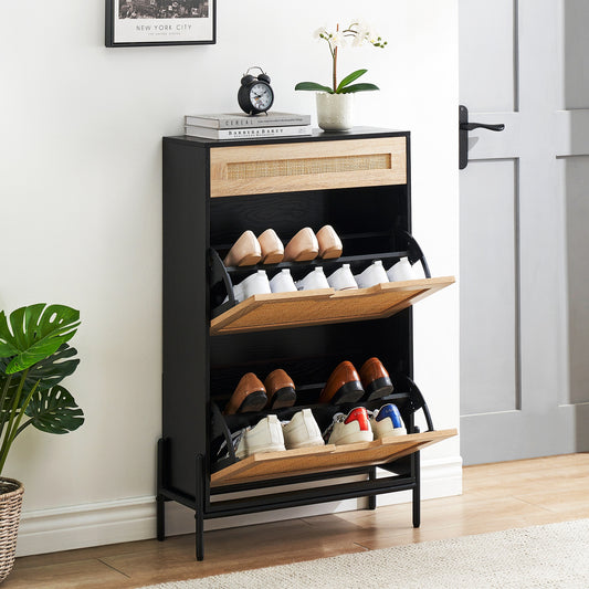 Schoenenkast – Schoenenrek – Schoenenopberger – Halmeubel – Schoenenbank – Natuurlijk Rattan – Opbergruimte voor 12 Paar Schoenen – Anti-Kantel Metalen Frame