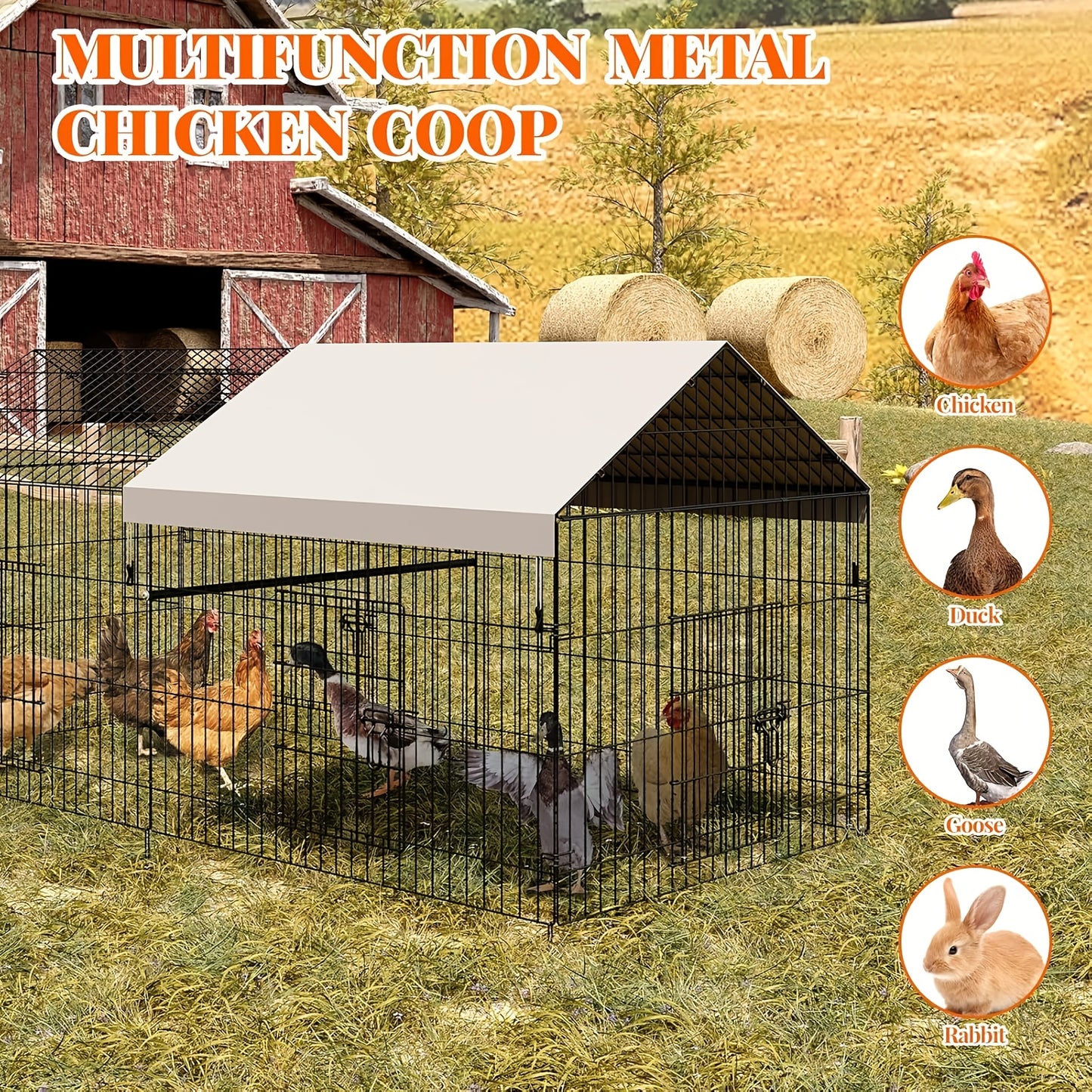 Large Metal Chicken Coop for Outdoor Use, 218 x 101 x 101cm, Waterproof with Run Enclosure, Wire Mesh Pen, 4 Doors, 1 Window, Habitat for Geese, Ducks, Rabbits, and Pets, Animal Enclosure, Pet Habitat, Spacious Coop, Secure E