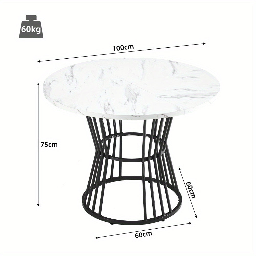 Ronde Eettafel – Eettafel Rond – Keukentafel – Ontbijttafel – Tafel Metaal – Marmerlook Zwart-Wit – Krasbestendig MDF Blad – Stevig Metalen Frame – Compact & Ruimtebesparend – Modern Design Voor 4 Personen