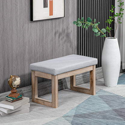 Voetenbank – Poef – Kruk – Hocker – Zitbank – Scandinavisch Design – 68x38x42 Cm – Grijs Met Natuurlijk Houten Onderstel