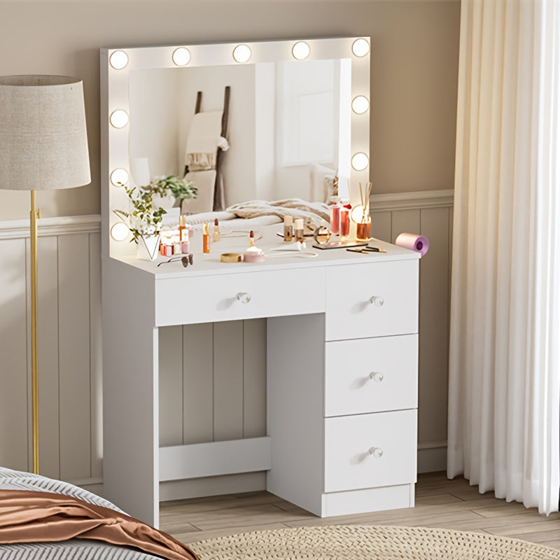 Kaptafel – Make-up Tafel – Schminktafel – Dressing Table – Vanity Desk – Met Spiegel en Haardrogerhouder – Massief Hout en Kunstpanelen – 4 Lades – 68,5 cm Hoogte – Ruime Opbergruimte 3,2 ft³