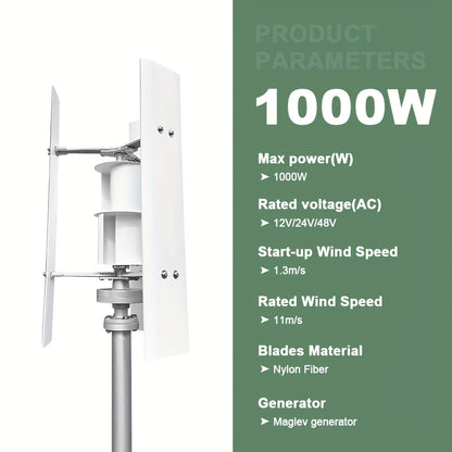 Windturbine – Windgenerator – Windmolen – Energieopwekker – 1000W – Fluisterstil – Dubbele Binnenluchtkamers – Werkt Bij Lage Wind