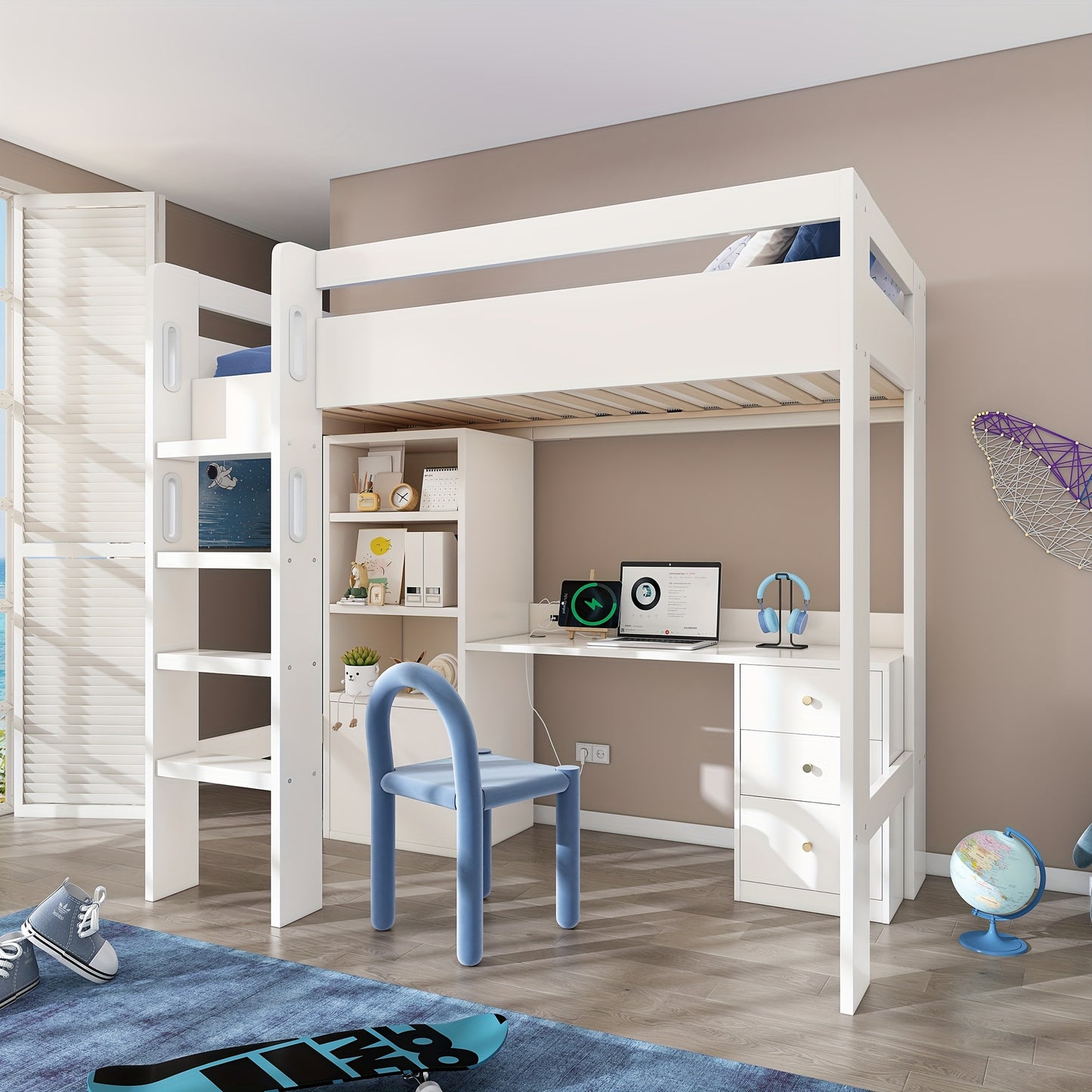 Loft Bed, Desk, Wardrobe And Filing Cabinet with Stairs And Slatted Shelves, Storage Space, 90 X 200, Mattress Not Included
