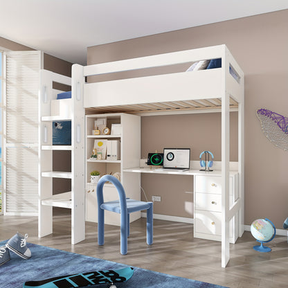 Loft Bed, Desk, Wardrobe And Filing Cabinet with Stairs And Slatted Shelves, Storage Space, 90 X 200, Mattress Not Included