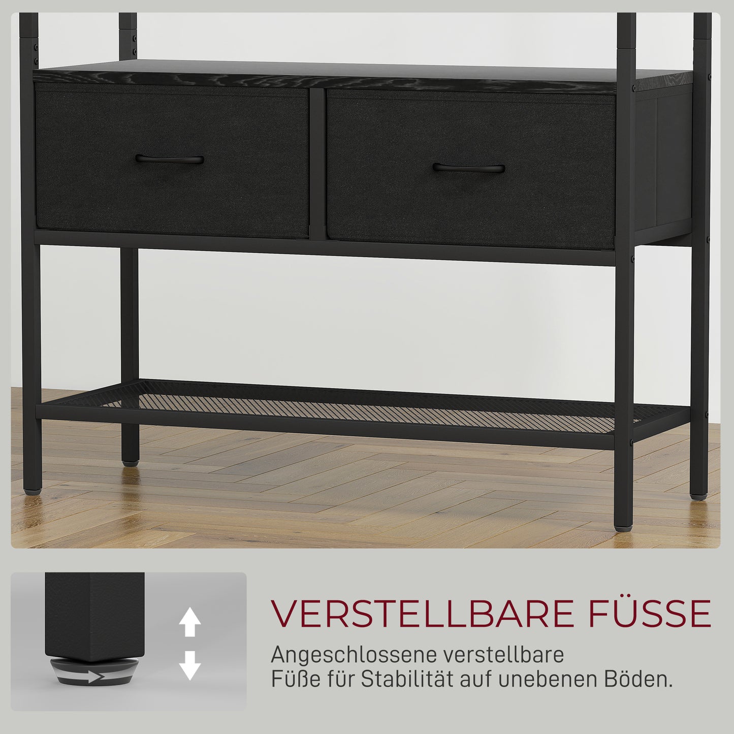 Kledingstandaard – Kledingrek – Jasrek – Schoenenrek – Stofladen – Industrieel Design – Stevig Metalen Frame – 8 Haakjes – Zwart