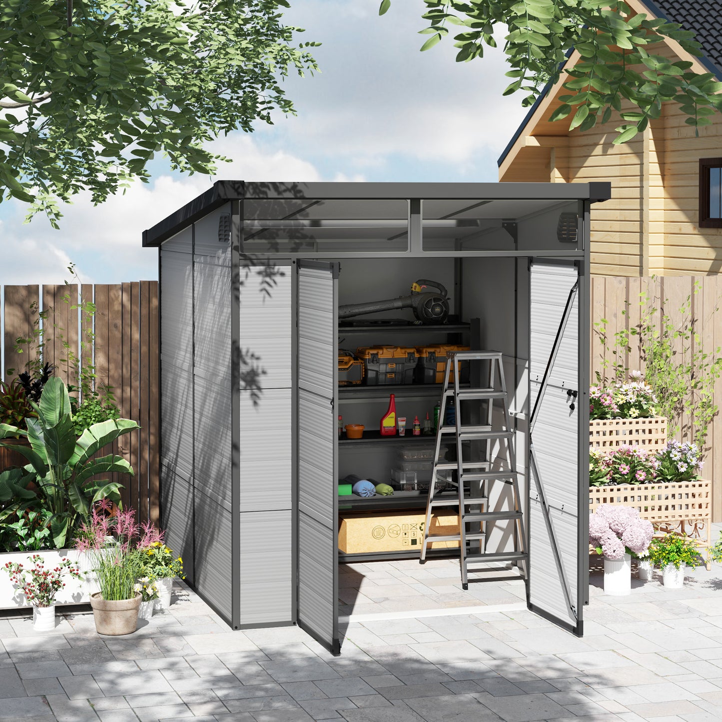 Tuinkast – Berging – Opbergkast – Tuinschuur – Tuinberging – Kunststof – Weerbestendig – Ruim 3,24 m³ – Lichtgrijs met Dubbele Draaideuren