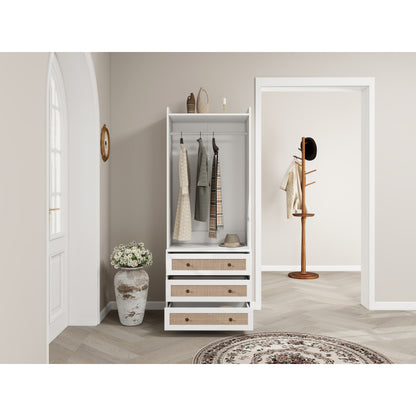 Boho Kast – Kledingkast – Opbergkast – Dressoir – Ladekast – Wit Met Rattan Accenten – 180 cm Hoog – MDF Met Melamine Coating
