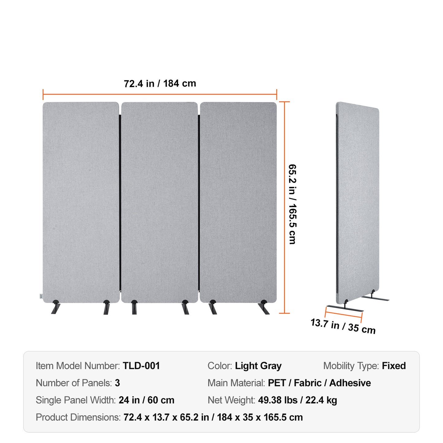 Kamerscherm – Roomdivider – Scheidingswand – Paravent – Ruimteverdeler – Geluiddempend – 3 Panelen – PET Polyester – Grijs – 184x35x166 cm