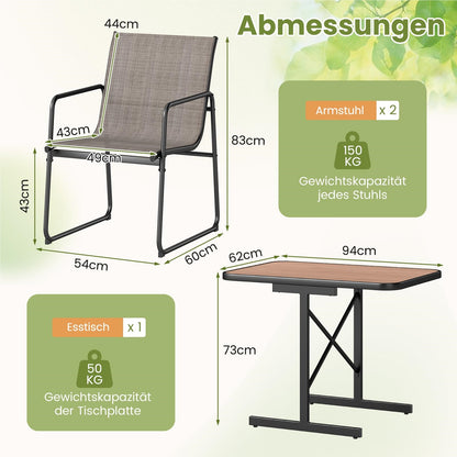 3-delige Tuinmeubelset – Bistroset – Balkonset – Terrasmeubilair – Tuinmeubilair – Ruimtebesparend Ontwerp – Comfortabele Ademend Stof – Zwart Frame Met Bruin Tafelblad