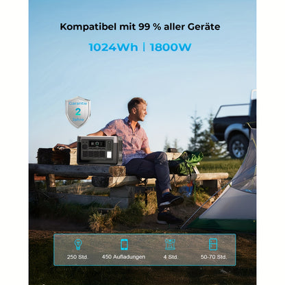 Zonnegenerator – Draagbare Stroomgenerator – Powerstation – Zonne-energiecentrale – Camping Generator – 1024Wh Capaciteit – 1800W Piekvermogen – Snelladen in 1 Uur – Inclusief 100W Zonnepaneel