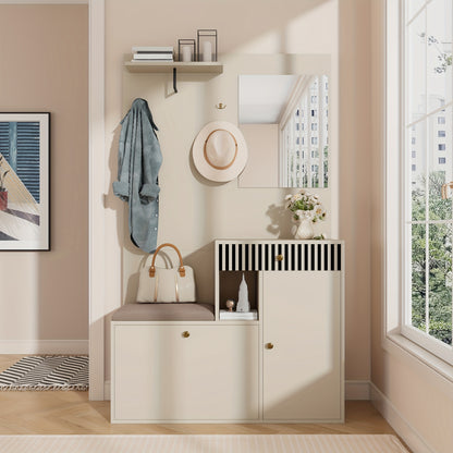 Hal-kast – Halgarderobe – Schoenenkast – Opbergkast – Lampenkast – Bamboe Materiaal – Met Spiegel en Zitbank – 110x185,5x37 cm – Vrijstaand en Ruimtebesparend