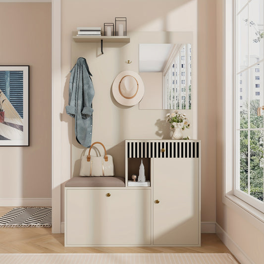 Hal-kast – Halgarderobe – Schoenenkast – Opbergkast – Lampenkast – Bamboe Materiaal – Met Spiegel en Zitbank – 110x185,5x37 cm – Vrijstaand en Ruimtebesparend