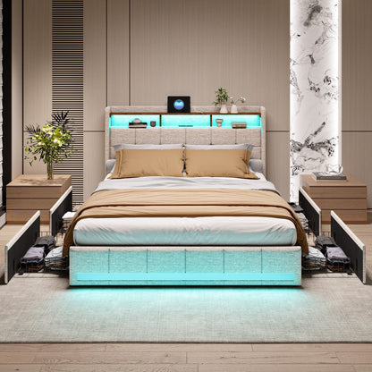 Double Bed with Storage, LED Lighting, 4 Drawers, Storage Function, USB Charging, Quick Assembly, Metal And Linen Bed Frame, Classic, for Adults, Ideal for 8Mj4Txd Bedroom.
