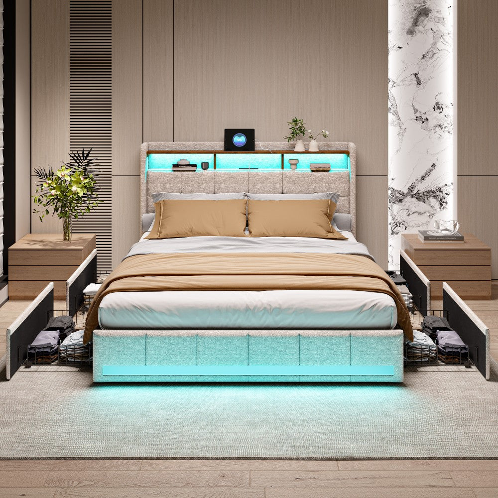 Double Bed with Storage, LED Lighting, 4 Drawers, Storage Function, USB Charging, Quick Assembly, Metal And Linen Bed Frame, Classic, for Adults, Ideal for 8Mj4Txd Bedroom.