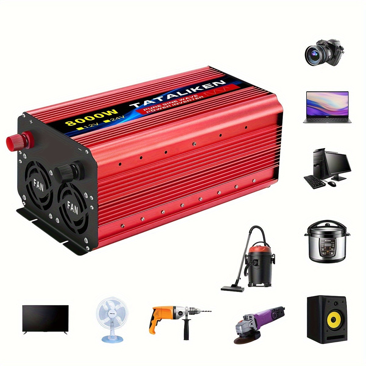 Power Inverter – Spanningsomvormer – Omvormer – Stroomomzetter – 12V Naar 220V – 8000W Piekvermogen – 4 AC Uitgangen – LCD Scherm – Afstandsbediening – Robuust Metalen Behuizing