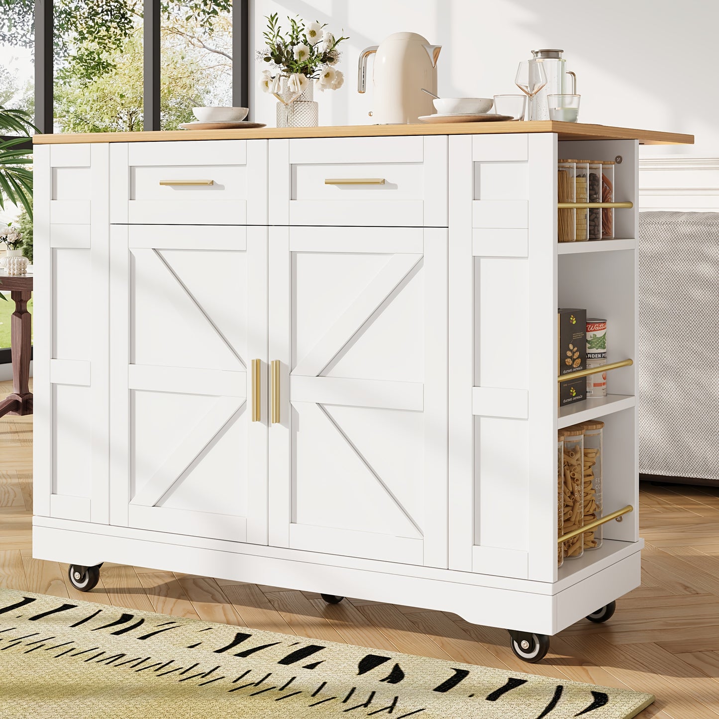 Keukeneiland – Buffetkast – Keukenkast – Serveerwagen – Eettafel – Wit Modern – Multifunctioneel – Uitbreidbare Opbergruimte – Stevig & Vrijstaand – Gouden Scharnieren – Houtvrij
