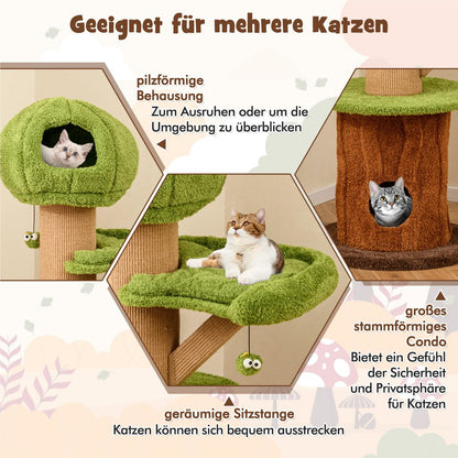 Kattenboom – Krabpaal – Klimmeubel – Kattenhuis – Kattenklimtoestel – Met Kattenholte en Speelballen – Stevig Houten Frame met Sisal Krablaag – Afmeting 60x60x148 cm – Bruin Groen Natuurlijk