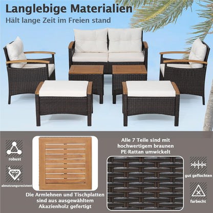 Tuinmeubelset Rattan – Balkonmeubels – Loungeset – Buitenmeubelen – Zithoek – Acaciahouten Tafelbladen – Comfortabele Kussens – Weerbestendig Stalen Frame