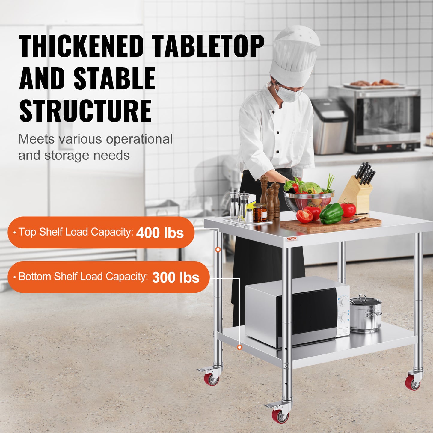 RVS Werktafel – Roestvrijstalen Werkbank – Catering Werkbank – Keukentafel – Foodprep Tafel – 91 x 76 x 86 cm – Verstelbaar Onderrek en 4 Zwenkwielen met Remmen