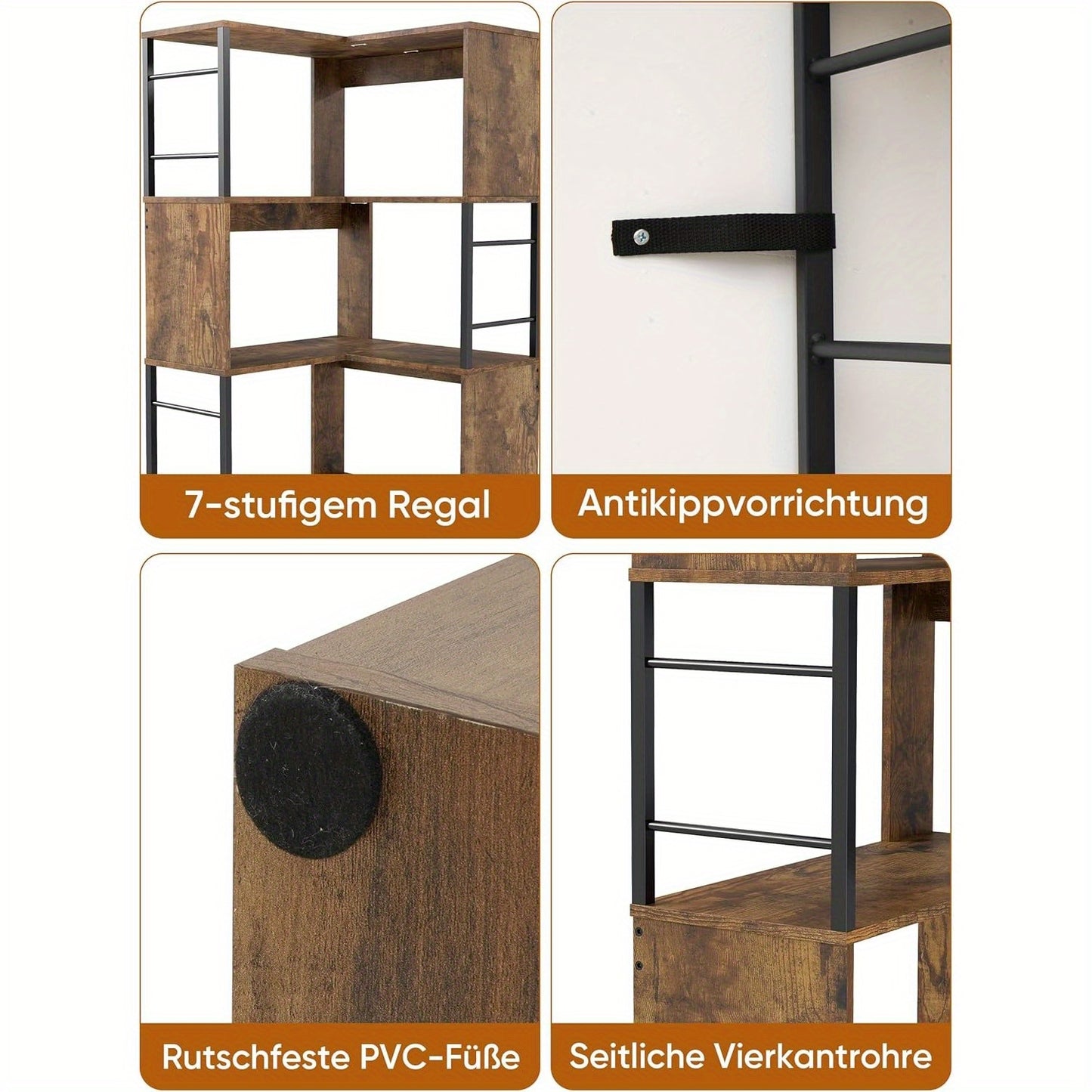 Hoekboekenplank – Hoekrek – Boekenrek – Opbergkast – Boekenkast – Industrieel Design – 7 Lagen – Stalen Frame – 188 cm Hoog – Zwart/Bruin