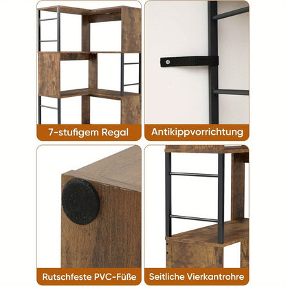 Hoekboekenplank – Hoekrek – Boekenrek – Opbergkast – Boekenkast – Industrieel Design – 7 Lagen – Stalen Frame – 188 cm Hoog – Zwart/Bruin