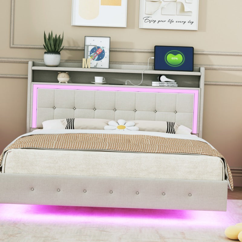 Bed – Eenpersoonsbed – Tweepersoonsbed – Boxspring – Opbergbed – 140x200 cm – Linnen Bekleding – Verborgen Onderstel