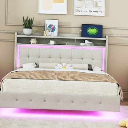 Bed – Eenpersoonsbed – Tweepersoonsbed – Boxspring – Opbergbed – 140x200 cm – Linnen Bekleding – Verborgen Onderstel