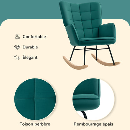 Schommelstoel – Relaxstoel – Wiegstoel – Nursing Chair – Velours Stoel – Donkergroen – Fluwelen Bekleding – Stevig Stalen Frame
