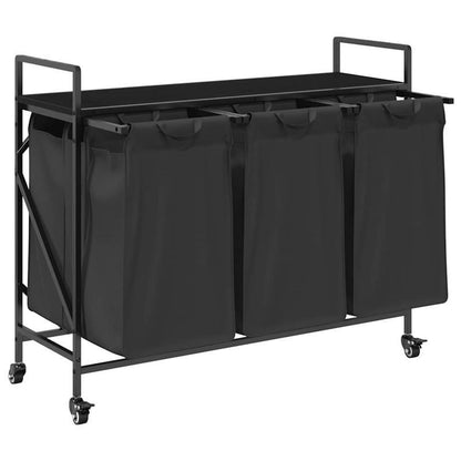 3-Vaks Wasmand – Wasmand Met Wieltjes – Wasbak – Beddengoedmand – Wascontainer – Matzwart – Stevig Metalen Frame – Mobiel En Compact