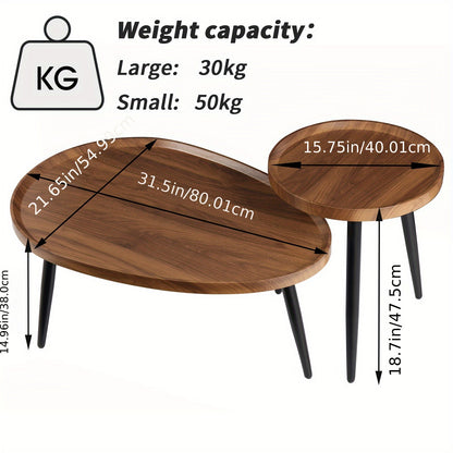 Industriële Bijzettafels – Salontafel – Side Table – Koffietafel – Nesting Tafels – Set van 2 – Walnootkleurig PVC Blad – Zwart Metalen Frame