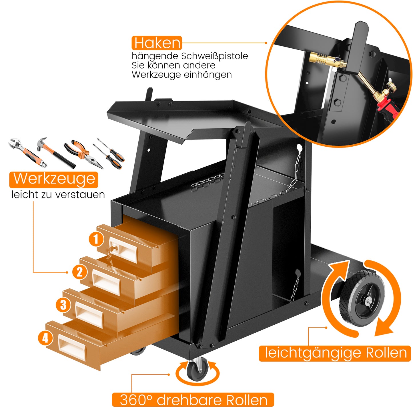 Laswagen – Lastewagen – Lasgereedschapwagen – Mobiele Lastrolley – Zwart – 4 Laden – Gasflesberging met Veiligheidsketting – Stevig Metalen Frame