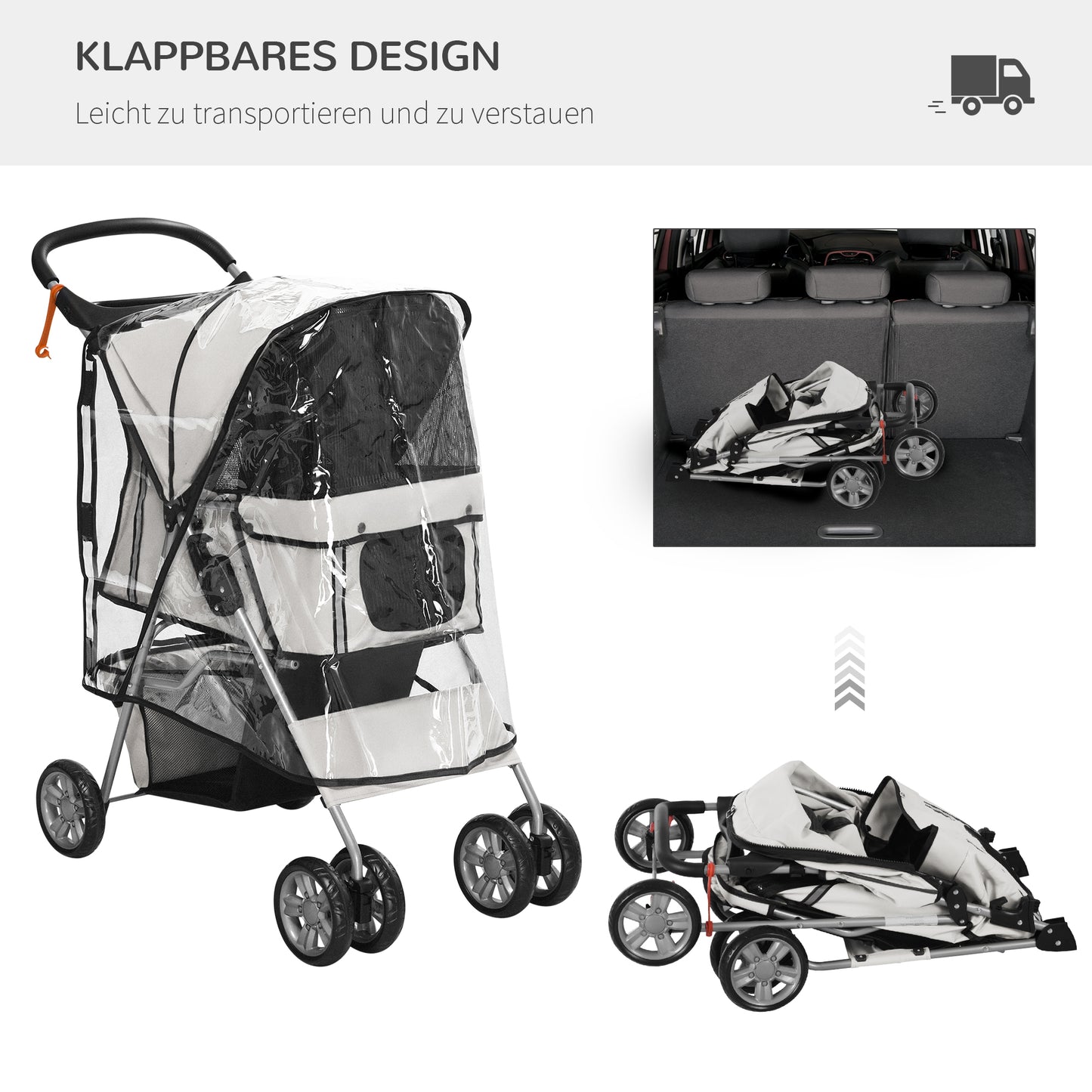 Hondenbuggy – Hondenwagen – Wandelwagen – Dierenwagen – Buggy voor Kleine Honden – Grijs – Inklapbaar Frame – Waterafstotende Hoes – 75x45x97 cm – Twee Bekerhouders