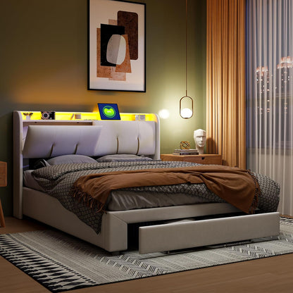 Gestoffeerd Tweepersoonsbed – Boxspringbed – Bedframe – Ledikant – Slaapbank – 160x200 cm – Hydraulische Opbergruimte – LED Hoofdeinde Met USB-poort