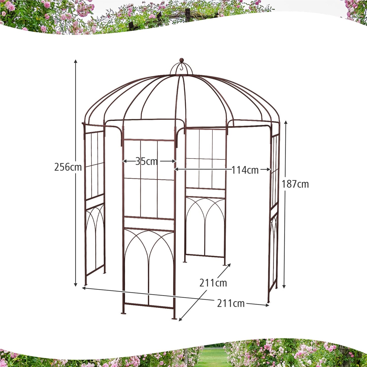 Metaal Boog – Tuinboog – Klimrek – Rozenboog – Tuintoren – Grote Oppervlakte 211x211x256 cm – Roestbestendig Bronzen Frame