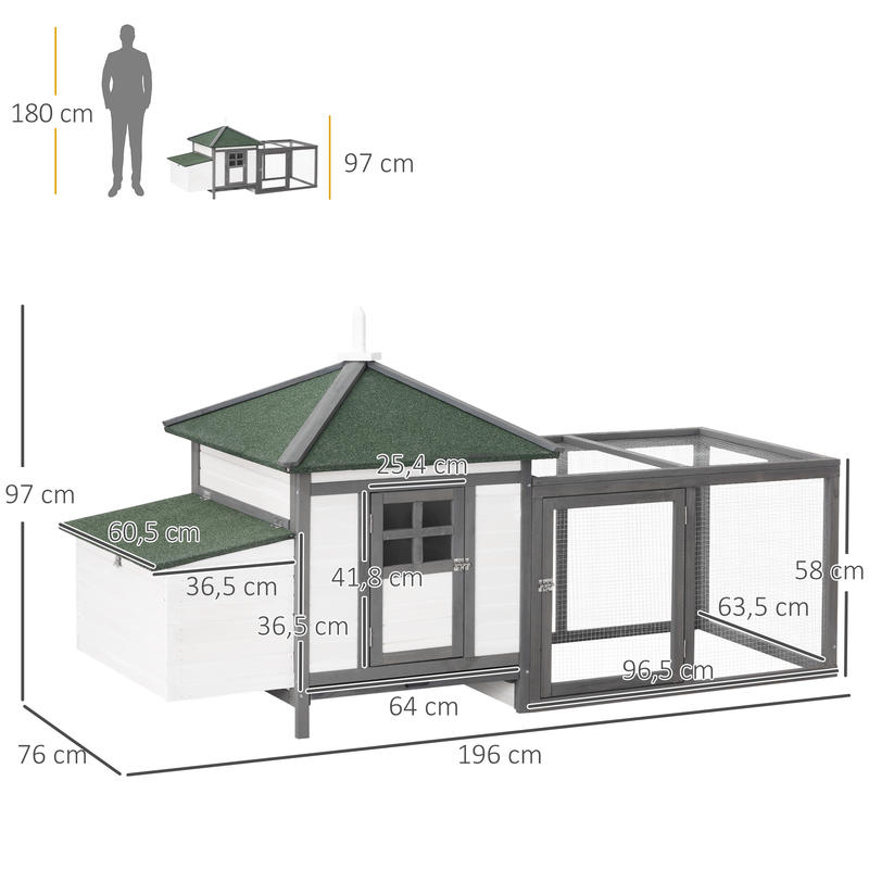 Hennenhok Kippenhok Kippenren Kippenkooi Krielkippenhok – Hout Grijs – 196x76x97 cm – Nestkast En Buitenren – Inclusief Zitstokken