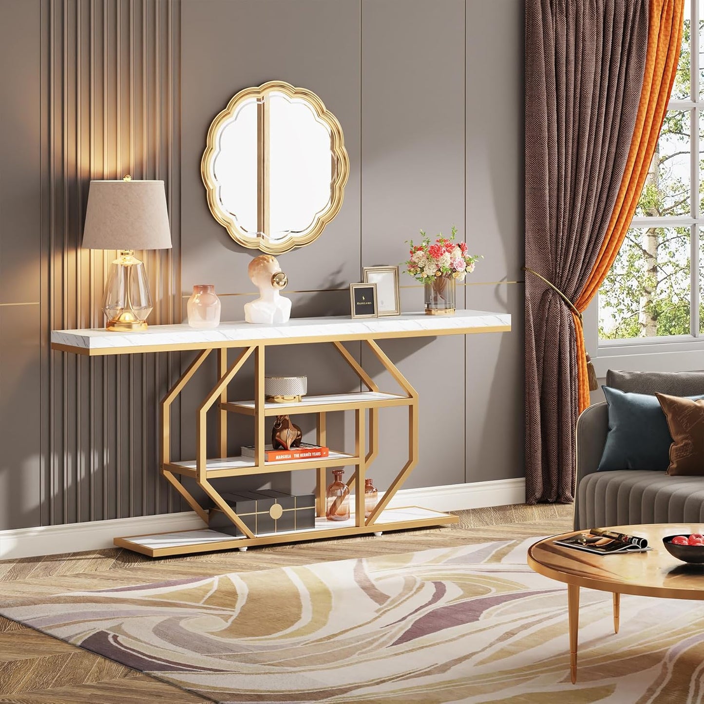 Sidetable – Consoletafel – Haltafel – Wandtafel – Bijzettafel – Extra Lang 180 cm – Wit Marmerlook Met Gouden Metalen Frame