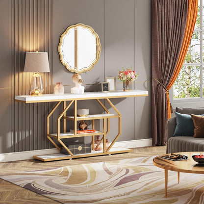 Sidetable – Consoletafel – Haltafel – Wandtafel – Bijzettafel – Extra Lang 180 cm – Wit Marmerlook Met Gouden Metalen Frame